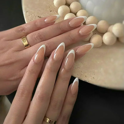 24Pcs French Press On Nails - Almond Fake Nail Tips with Glue, White Edge Design & Pink Stiletto Style Manicure Set