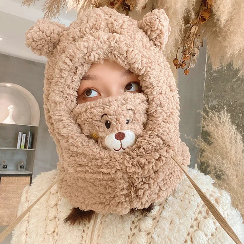 Cartoon Bear Ear Lamb Beanie Hat with Mask - Warm Balaclava Winter Skullies for Women & Girls