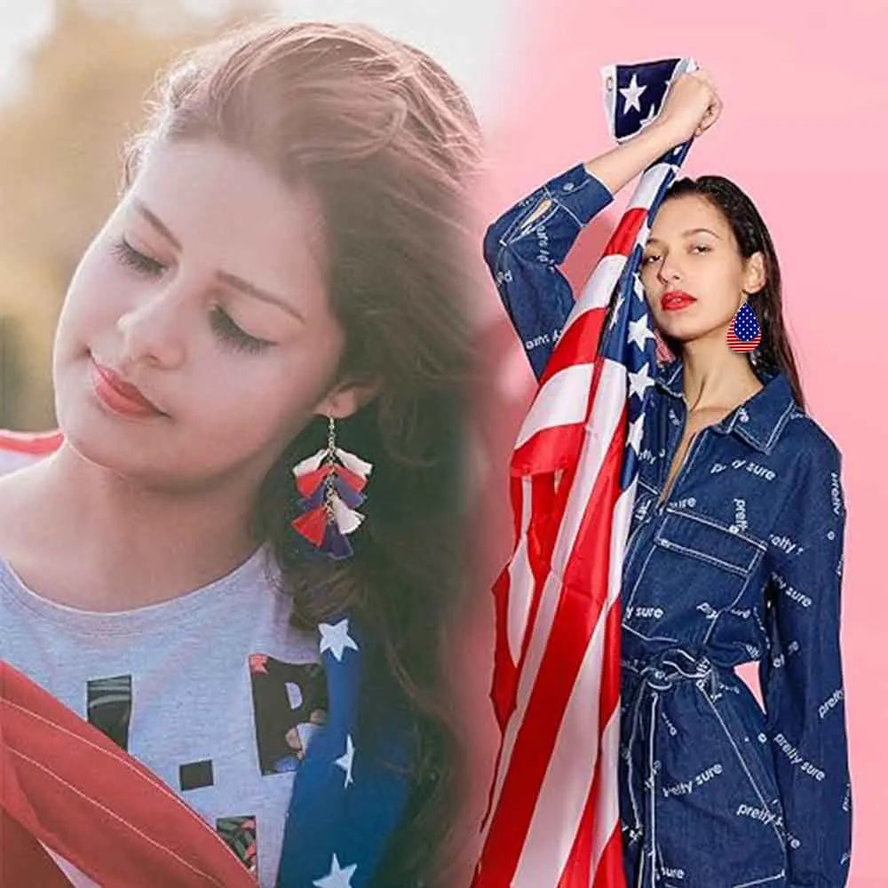 American Flag Drop Dangle Earrings - Patriotic 4th of July Teardrop Tassel Rhinestone Jewelry for Women
