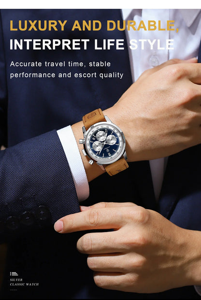 POEDAGAR Men's Luxury Sports Watch – Genuine Leather, Chronograph, Waterproof, Luminous Quartz Wristwatch