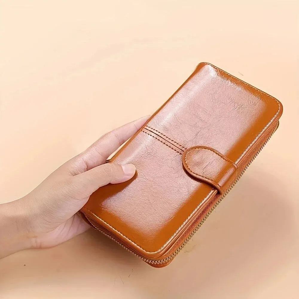 Women’s Vintage PU Leather Clutch Wallet — Large Capacity Phone Purse with Wristband, Simple Card Holder Pouch Bag