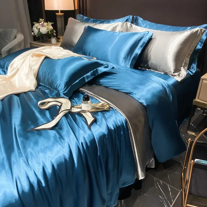Solid Silk Bedding Set - Luxury Duvet Cover Bed Sheet Pillowcase Set For King Single Double Couple Beds
