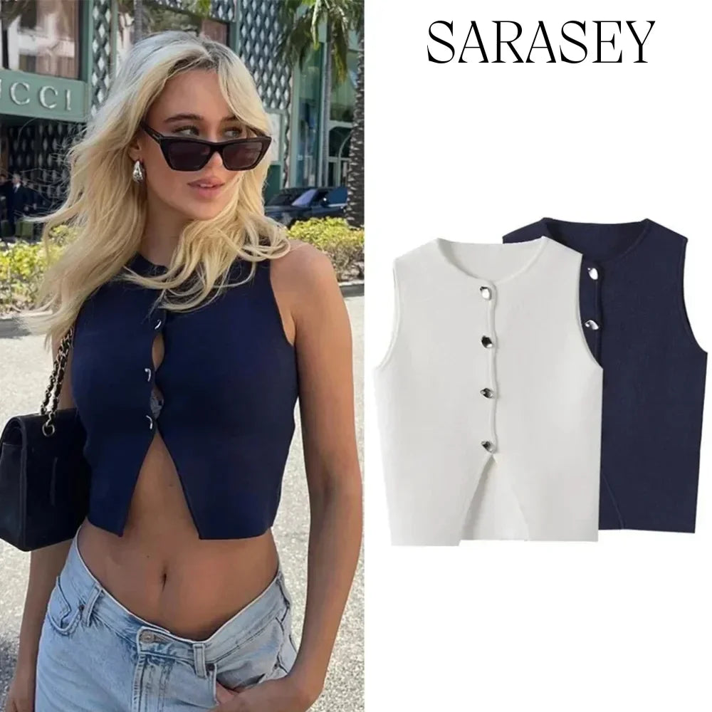 Fall 2025 Knit Vest for Women – Sleeveless Cropped Asymmetrical Slim Sweater Top – White Basic Slim Shirt