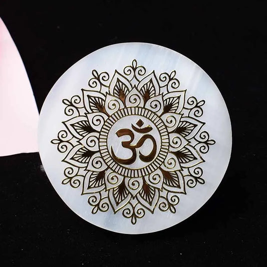 LSeven Chakras Natural Selenite Stone Disc - Reiki Crystal Healing Stone, Feng Shui Home Decor Gift