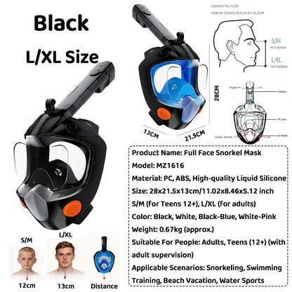 Full Face Snorkel Mask - 180° Panoramic Anti-Fog Dry-Top Leak-Resistant Diving Gear for Adults