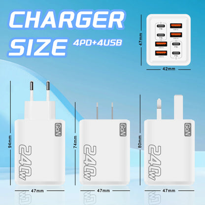 240W GaN USB C Charger - 8-in-1 Fast Charging Power Adapter for iPhone Samsung Xiaomi Devices