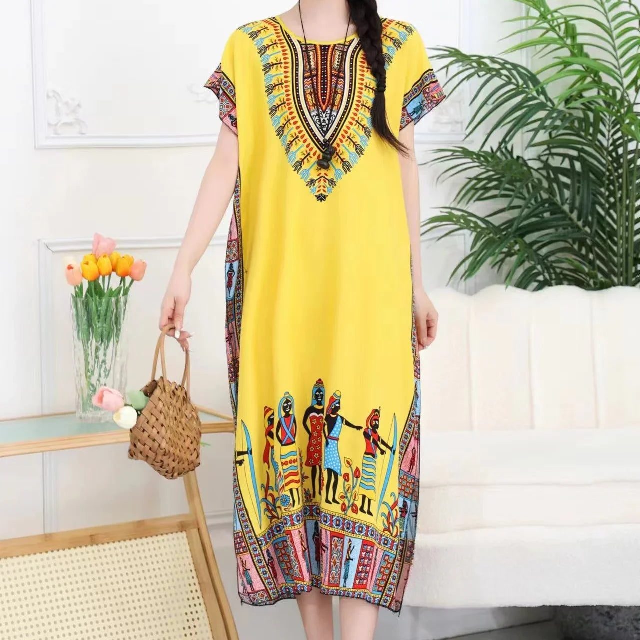 Women’s Bohemian Floral Tunic Dress - Retro Ethnic Print Batwing Sleeve Loose Summer Maternity Streetwear