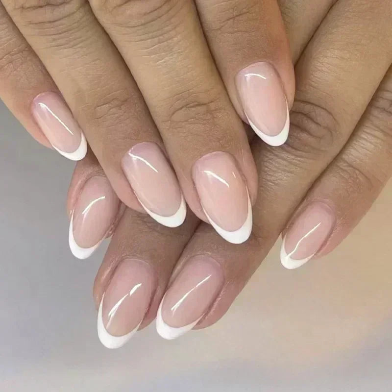 24Pcs French Press On Nails - Almond Fake Nail Tips with Glue, White Edge Design & Pink Stiletto Style Manicure Set