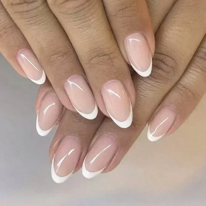 24Pcs French Press On Nails - Almond Fake Nail Tips with Glue, White Edge Design & Pink Stiletto Style Manicure Set