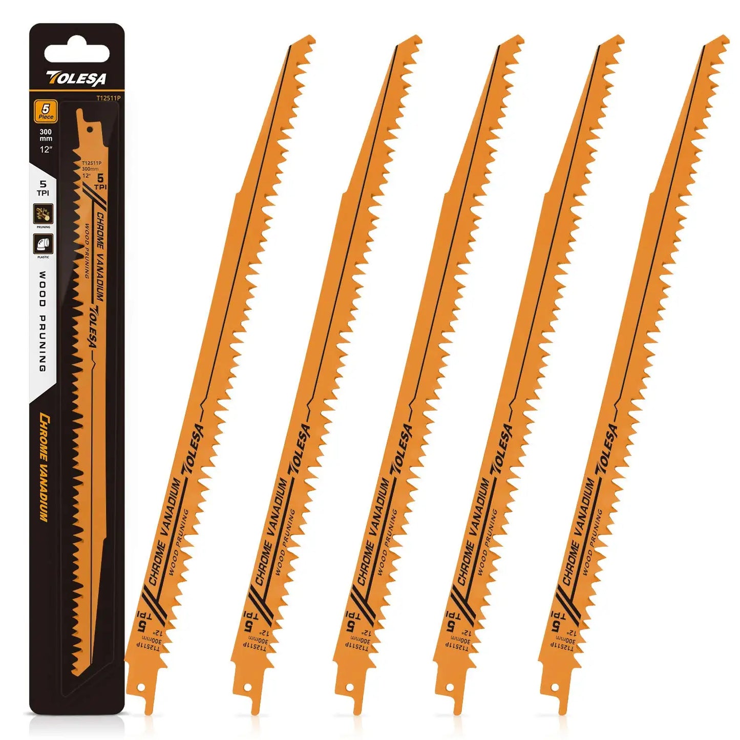 TOLESA 5PCS Reciprocating Saw Blades - 5/6TPI CRV Wood and PVC Cutting Pruning Blades for Sabre Saws