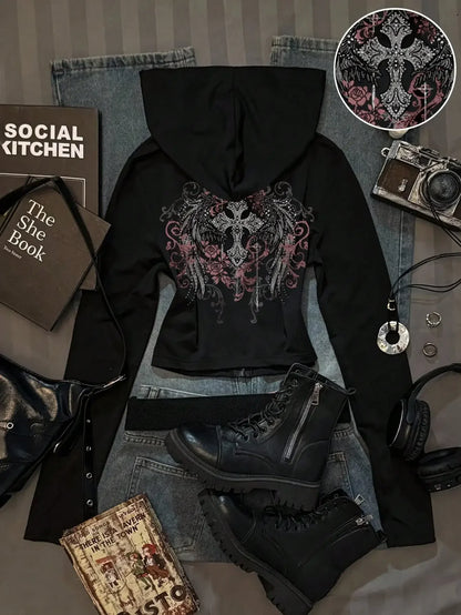 Women's Casual Hooded Sweatshirt - Minimalist Printed Zip-Up Cardigan Style Autumn Long Sleeve Top