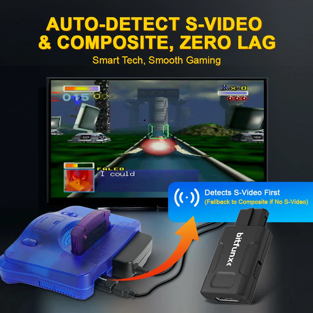 Bitfunx Mini HDMI Adapter 720P/1080P – Auto 4:3/16:9 S-Video & Composite Converter for N64, SNES, SFC, NGC Game Consoles