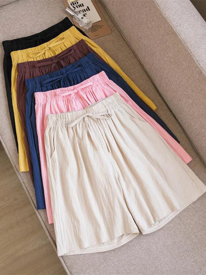 Women's Cotton High Waist Shorts - Soft Casual Summer Loose Fit Shorts with Pockets