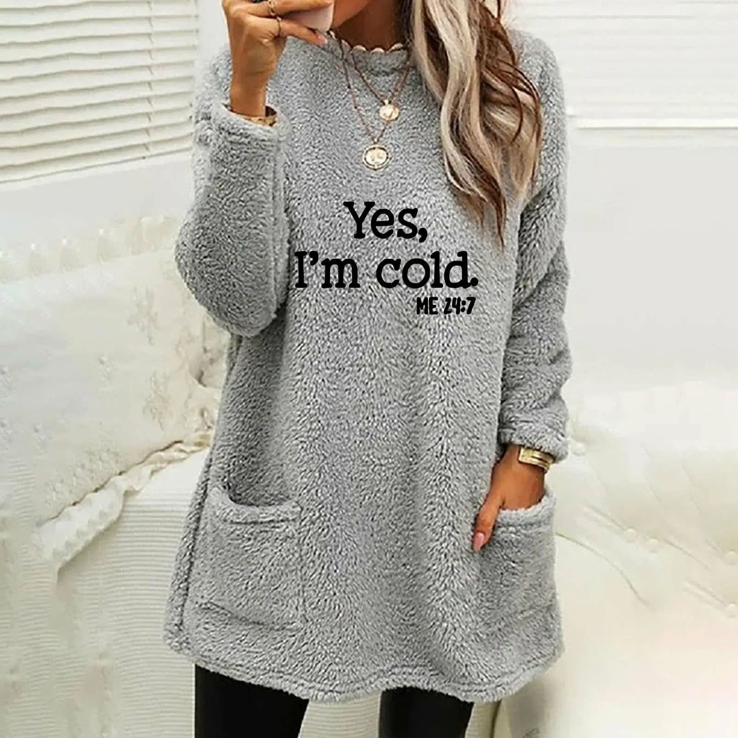 Women's Oversized Fleece Sweatshirt - Letter Print Pocket Long Sleeve Cozy Pullover