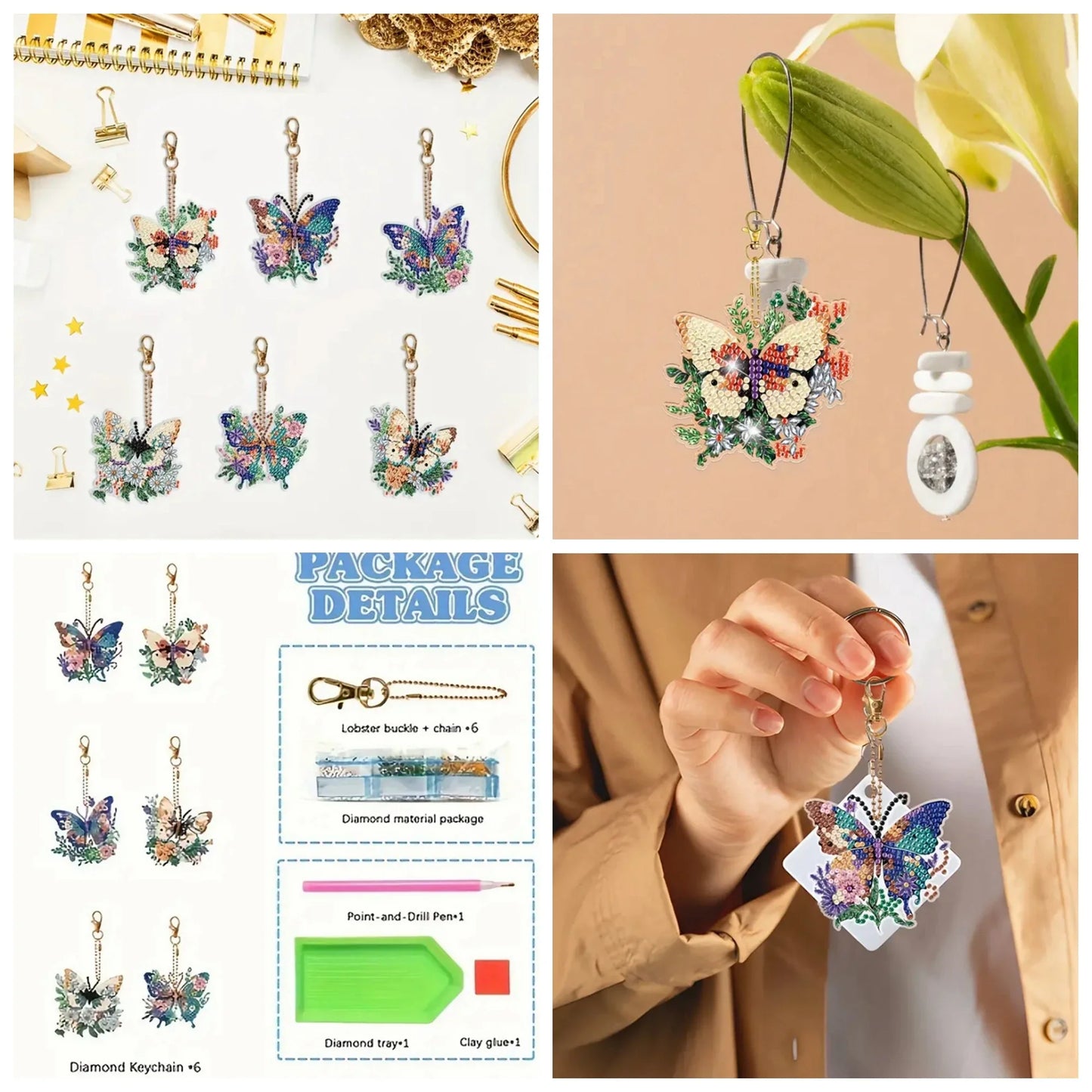 6pcs DIY Diamond Art Keychain Set - Double Sided Butterfly & Heart Crystal Rhinestone Painting Kits for Adults Crafting