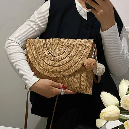 Handmade Straw Beach Bag – Small Woven Summer Shoulder Crossbody Clutch with Hair Ball