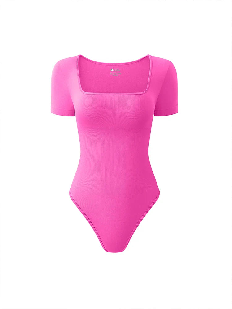Women’s Early Autumn Square Neck Seamless Bodysuit – Short Sleeve Solid Color Body Shaping Jumpsuit Top