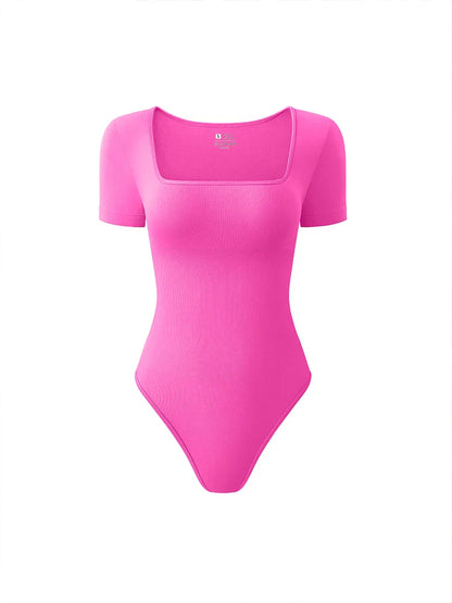 Women’s Early Autumn Square Neck Seamless Bodysuit – Short Sleeve Solid Color Body Shaping Jumpsuit Top