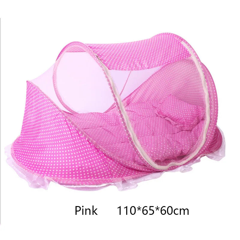 Portable Baby Mosquito Net Bed - Foldable Infant Crib with Cotton Pillow & Travel Bedding