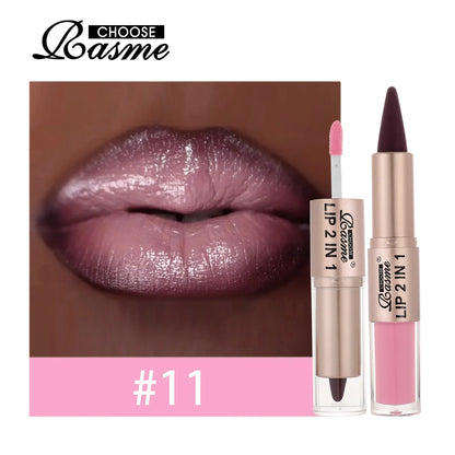 2-in-1 Tapered Lip Liner Pen - Waterproof Nude Brown Lip Contour & Matte Gloss Makeup