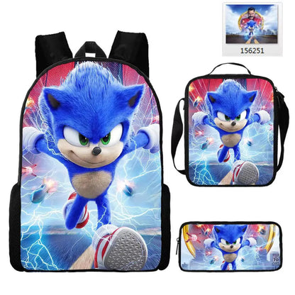 3PC Sonic Backpack School Bag Set – Anime Cartoon Zipper Backpack for Boys & Girls, Primary and Middle School Students