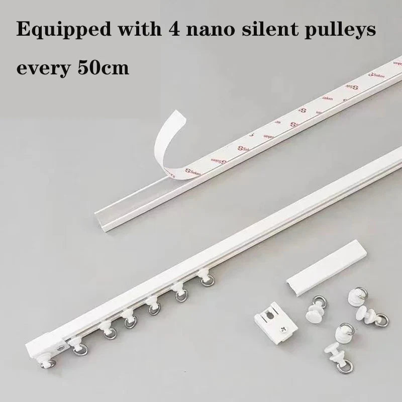 Self-Adhesive Curtain Track Nano Silent Sliding Rail, No-Drill Top & Side Mounted Window Curtain Rod Accessory for Easy Installation