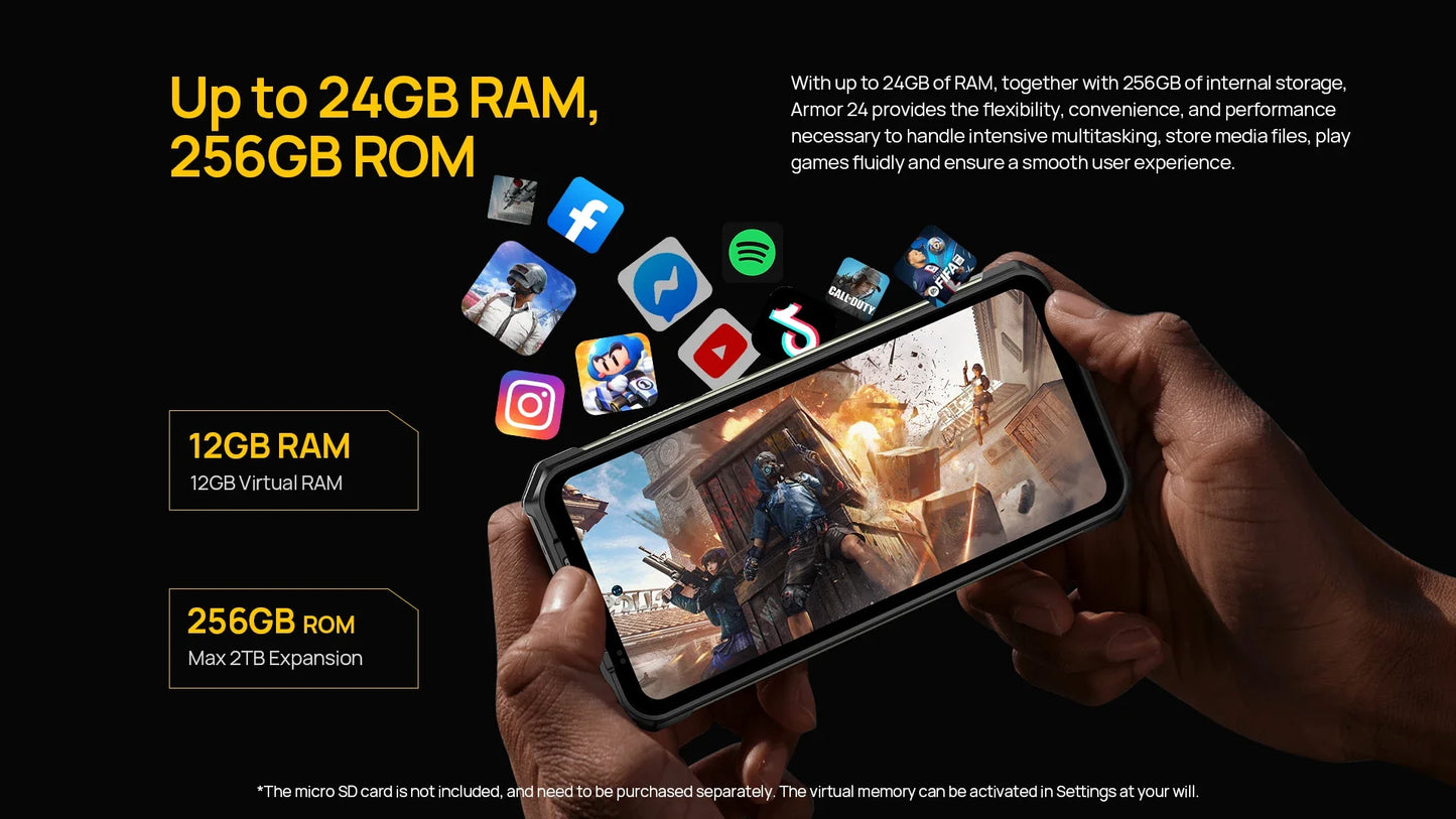 Ulefone Armor 24 Rugged Phone - 22000mAh, 24GB+256GB, 6.78" 120Hz Display, 64MP+64MP Camera, NFC, LED Light, Global Version