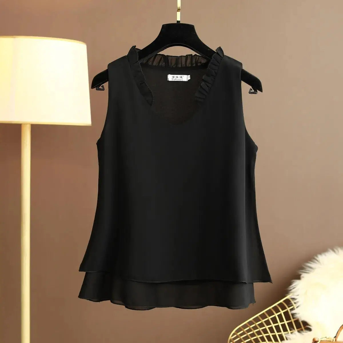 Women's Chiffon V Neck Blouse - Loose Sleeveless Plus Size Fashion Top M-5XL
