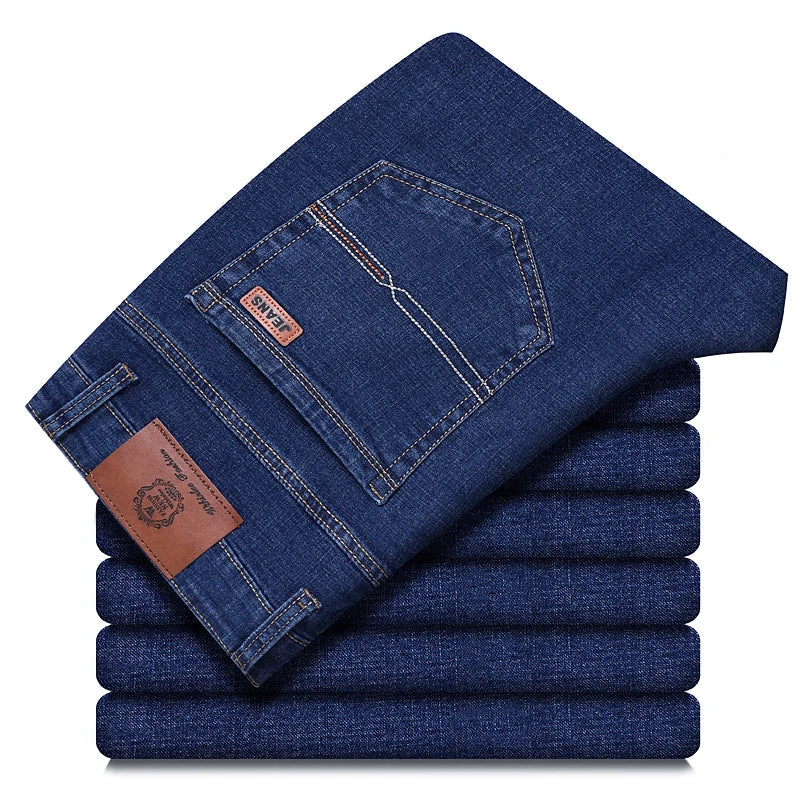 Men's Classic Stretch Jeans - Business Casual Straight Leg Denim Work Trousers in Blue & Black