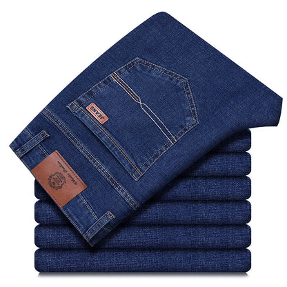 Men's Classic Stretch Jeans - Business Casual Straight Leg Denim Work Trousers in Blue & Black