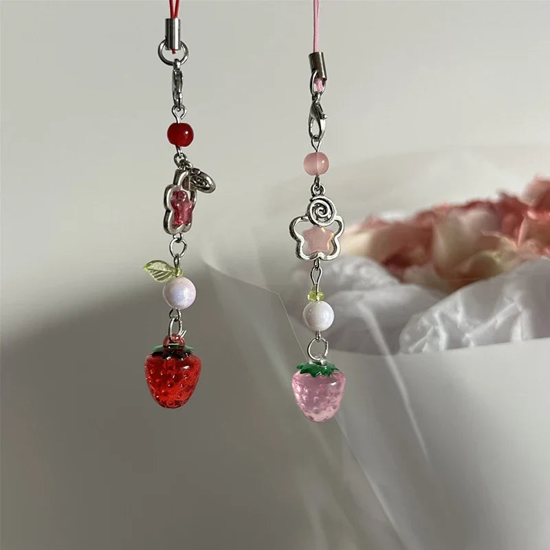 Y2K Strawberry Keychain Charm - Cute Fruit Phone Lanyard Bag Chain Accessory for Girls Aesthetic Jewelry Style