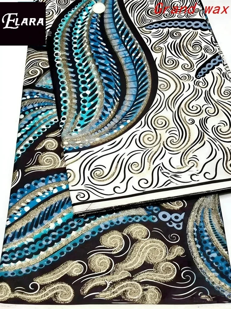African Real Wax Print Fabric - Grand Original Ankara Blue Cotton Wax Material 6 Yards for Stylish Dresses & Uniforms