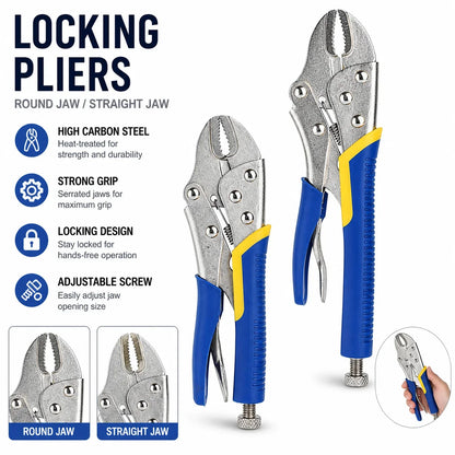 Multi-Function Locking Pliers - Straight & Curved Jaw Adjustable Heavy-Duty Vise Grip Clamp Tool