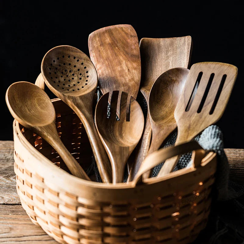 9PCS Teak Wooden Cooking Spoons Set – Kitchen Utensils with Holder