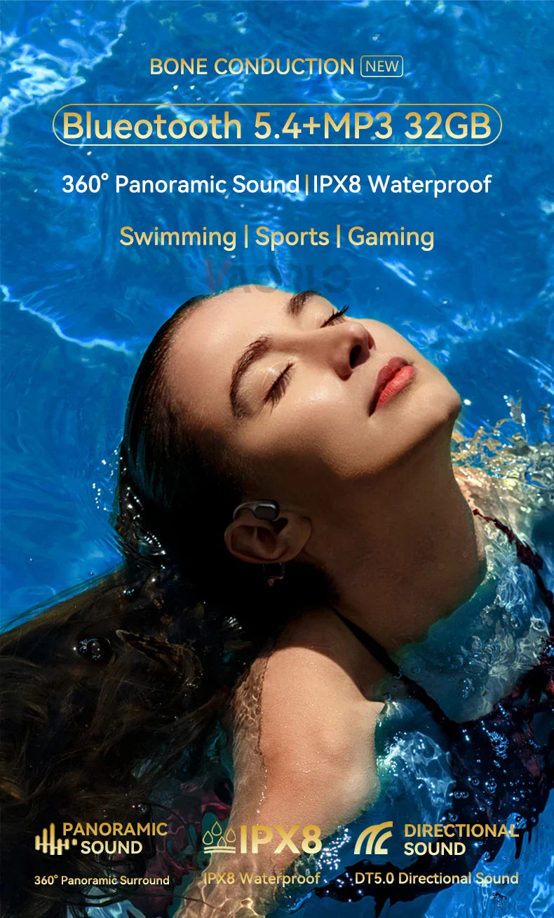 Bone Conduction Bluetooth 5.4 Headphones – Wireless IPX8 Waterproof Earphones for Swimming & Sports with MP3 Player, 32GB Storage