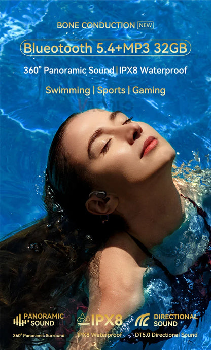 Bone Conduction Bluetooth 5.4 Headphones – Wireless IPX8 Waterproof Earphones for Swimming & Sports with MP3 Player, 32GB Storage