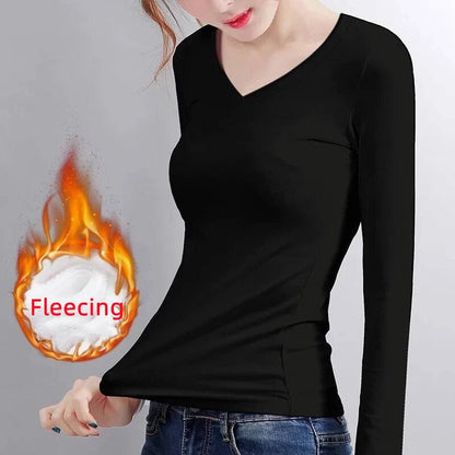 Women’s Thermal Velvet Long Sleeve Shirt - O Neck Slim Fit Cropped Bottoming Top for Winter Warmth
