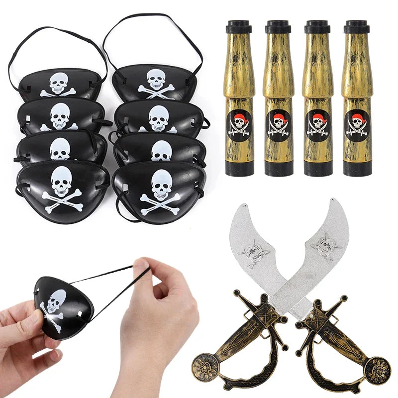 Pirate Party Favor Set - Kids Skull Hat Eye Patch Coins Ship Balloons Halloween Costume Decorations