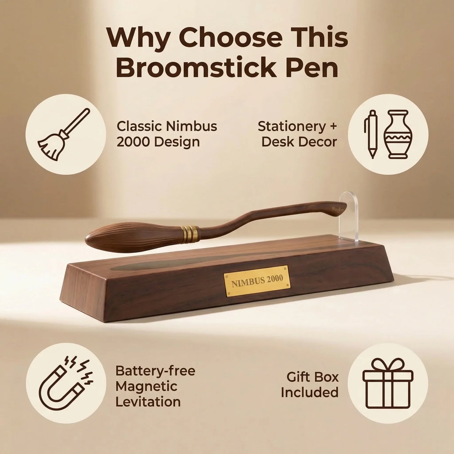 Nimbus 2000 Floating Broom Pen - Magnetic Levitating Ballpoint Pen, Desk Toy & Gift