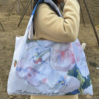 Flower Oil Painting Foldable Shopping Tote Bag – Large Capacity Reusable Portable Shoulder Handbag for Travel, Beach & Grocery Storage