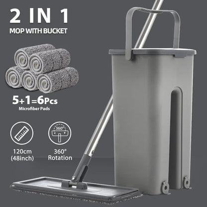 Hands-Free Flat Floor Mop & Bucket Set — Professional Home Cleaning System with Washable Microfiber Pads for Hardwood Floors