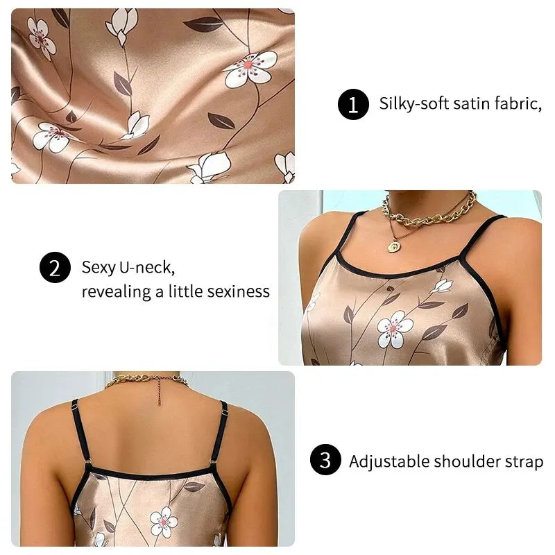 Women’s Satin Floral Sleepdress - Spaghetti Strap Slip Nightgown Comfortable Luxury Sleepwear Dress