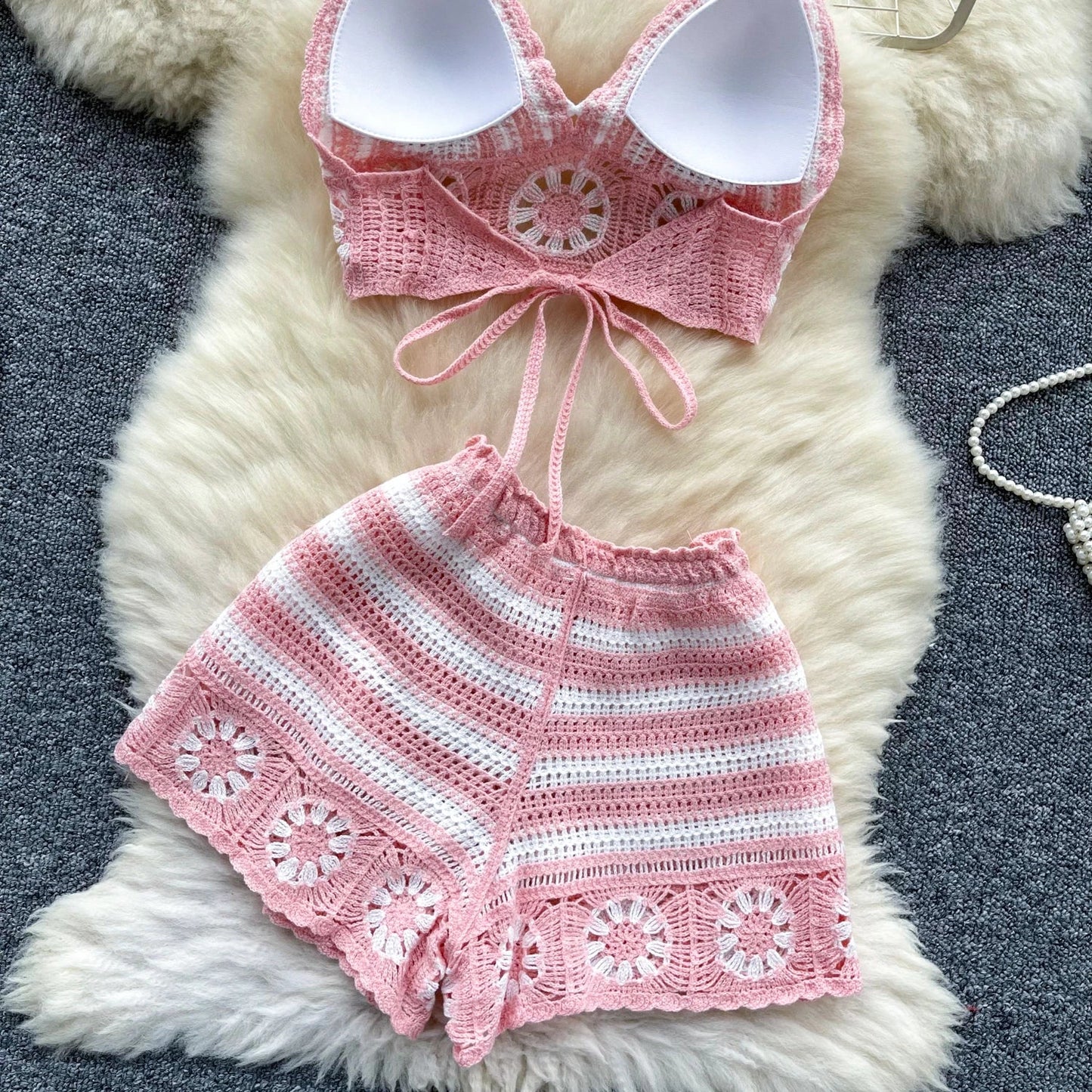 SINGREINY Women's Beach Knit 2-Piece Set – Halter Lace-Up Camis & Elastic Waist Shorts, Hollow Hook Flower Design