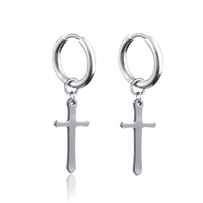 Long Hanging Cross & Leaf Hoop Earrings – Vintage Stainless Steel Hip Hop Unisex Jewelry Accessories