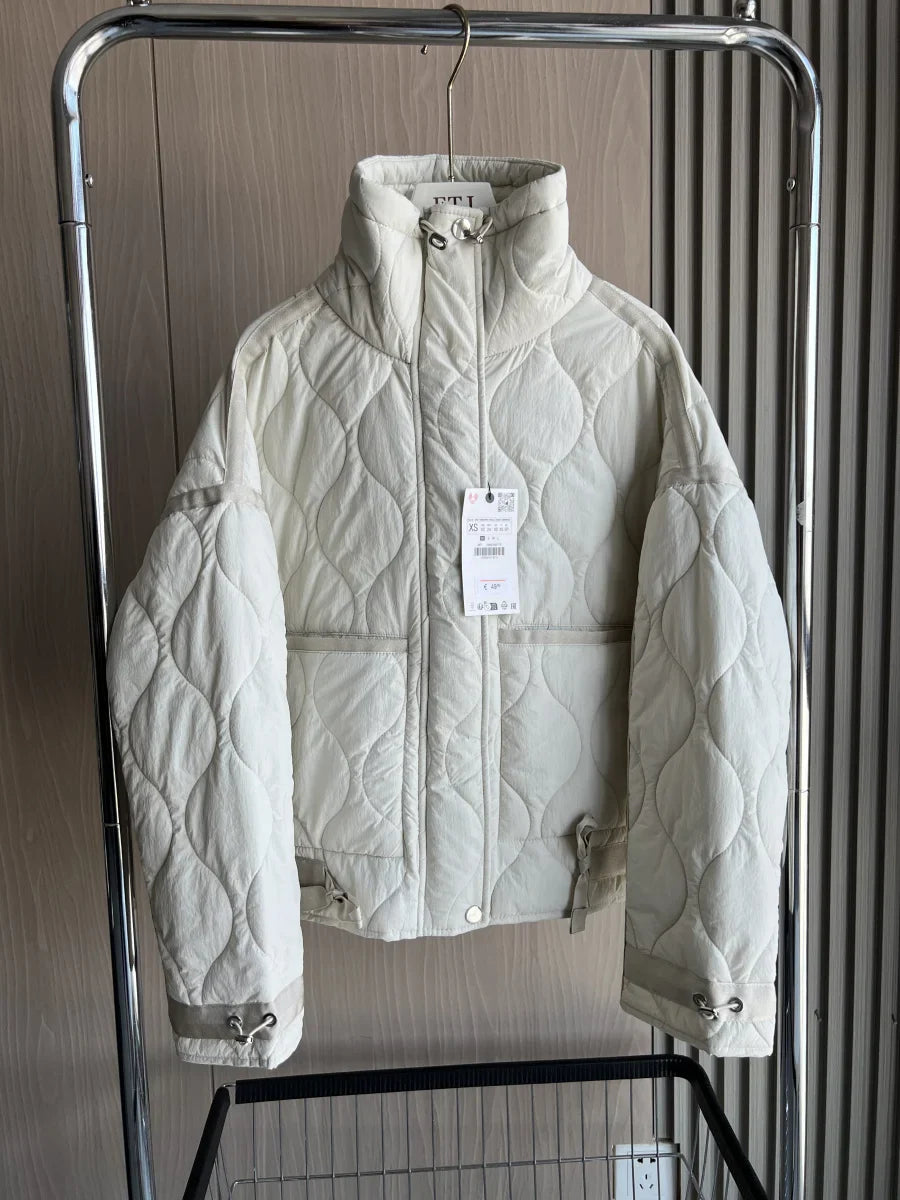 2024 ETJ Quilted Women's Coat – Beige Drawstring High Neck Jacket with Ties & Pockets