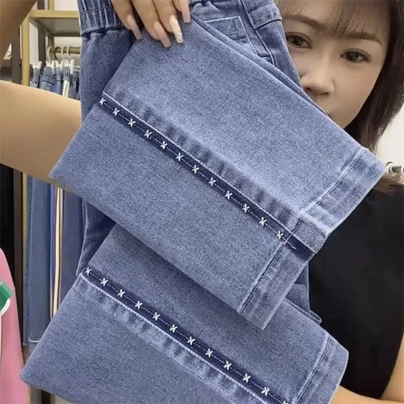 Women’s 2025 Elastic Waist Jeans - Straight Leg Ankle-Length Denim Pants for Casual Fashion Wear