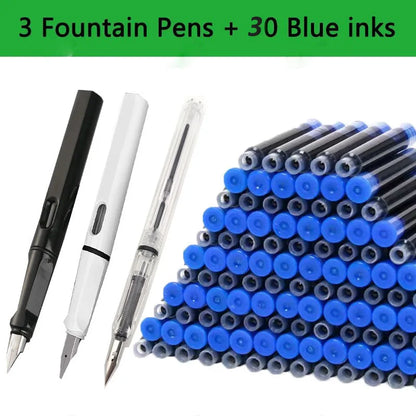 33PCS Kawaii Fountain Pen & Ink Set - Black Blue Red EF 0.38mm Replaceable Ink Pens for School Office Writing Supplies