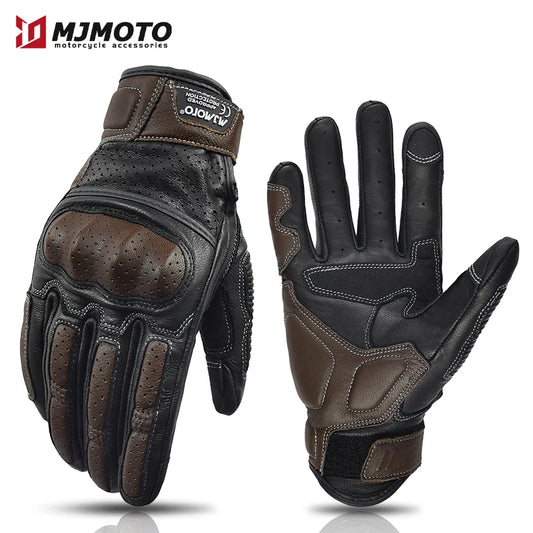 Vintage Leather Motorcycle Gloves - CE Certified Summer Perforated Racing Gloves With Touch Screen Motocross Moto Gear
