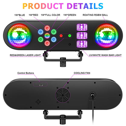 U'King Mini 5-in-1 Stage Effect Light - Sound Activated DJ Party Strobe & Magic Ball with Remote