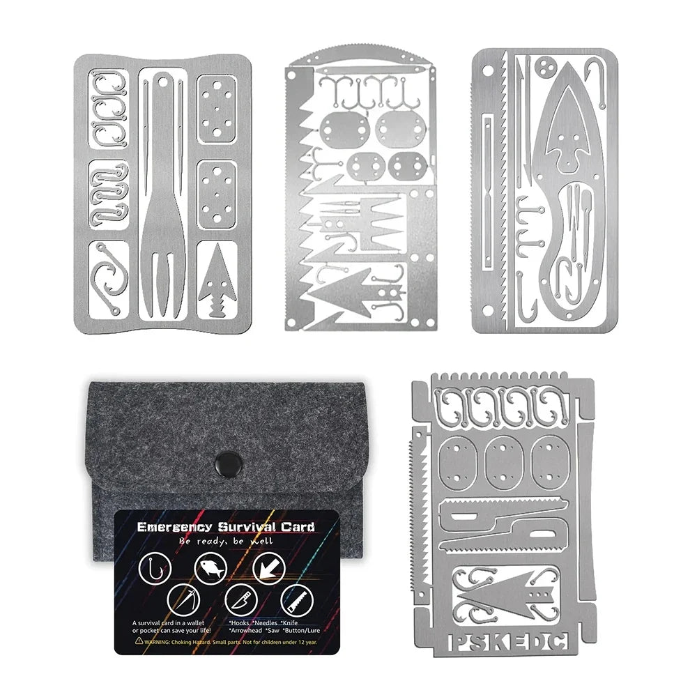 1/4PCS PSKOOK Survival Fishing Hook Card - Stainless Steel Multifunction Tool Card for Camping, Fishing & Outdoor Adventures